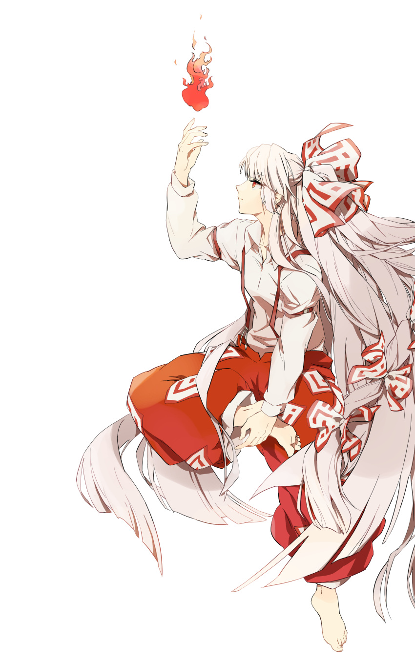 1girl absurdly_long_hair absurdres arm_strap baggy_pants barefoot bow closed_mouth collared_shirt commentary_request fire flame fujiwara_no_mokou full_body hair_bow hand_on_own_foot hand_up highres long_hair long_sleeves ni-re ofuda ofuda_on_clothes pants profile pyrokinesis red_bow red_eyes red_pants shirt simple_background solo suspenders touhou two-tone_bow very_long_hair white_background white_bow white_hair white_shirt wing_collar