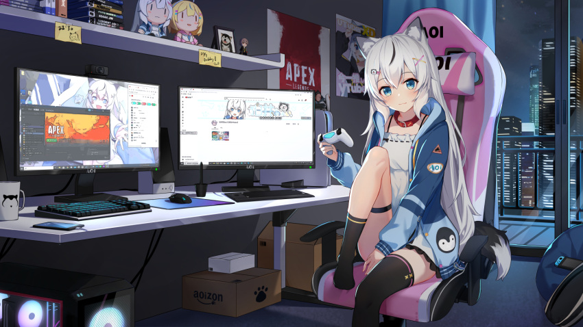 1girl amazon_(company) animal_ears apex_legends asymmetrical_legwear between_legs black_thighhighs blue_eyes blue_hoodie box cardboard_box cd_case cellphone chair character_doll chemise cityscape computer controller cup dog_ears dog_girl dog_tail frilled_chemise game_controller gaming_chair hand_between_legs hasuki_aoi highres hood hood_down hoodie indie_virtual_youtuber indoors isaya_(pixiv4541633) keyboard_(computer) long_hair long_sleeves looking_at_viewer mismatched_legwear monitor mouse_(computer) mug night open_clothes open_hoodie paw_print phone single_thighhigh smartphone smile steam_(platform) tail thigh-highs virtual_youtuber white_hair window windows