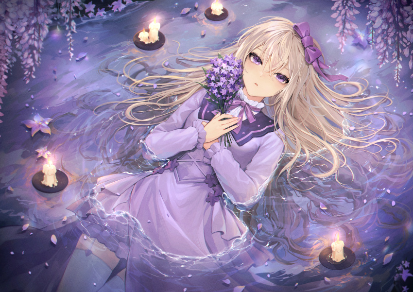 1girl absurdres bangs bow candle clearpage dress flower garter_straps hair_between_eyes hair_bow hair_ribbon highres light_brown_hair long_hair long_sleeves looking_at_viewer lying lying_on_water neck_ribbon original parted_lips petals purple_bow purple_dress purple_flower purple_ribbon ribbon solo thigh-highs violet_eyes water white_thighhighs