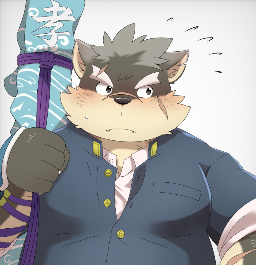1boy animal_ears armor brown_fur brown_hair closed_mouth commentary_request dog_boy dog_ears eyebrow_cut flying_sweatdrops furry furry_male gakuran highres japanese_armor kote light_frown looking_to_the_side male_focus moritaka_(housamo) plump ponzu_tas scar scar_on_face scar_on_nose school_uniform short_hair solo thick_eyebrows tokyo_afterschool_summoners upper_body weapon_behind_back white_background