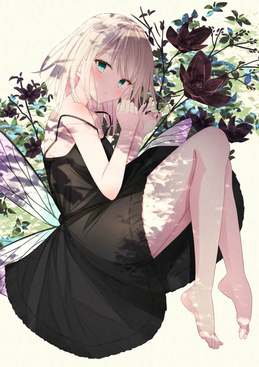 1girl absurdres aqua_eyes barefoot black_dress blonde_hair blush branch breasts butterfly_wings commentary dress feet flower full_body hands_up head_tilt highres invisible_chair knees_together_feet_apart knees_up legs long_hair looking_at_viewer medium_breasts original senri_(senri_sen) shadow sitting sleeveless sleeveless_dress solo strap_slip symbol-only_commentary tan_background thighs toes wings