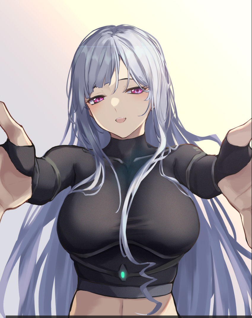 3_small_spiders ak-12_(girls'_frontline) blush breasts collarbone crop_top girls_frontline grey_hair highres incoming_hug large_breasts long_hair open_mouth outstretched_arms pink_eyes smile turtleneck unusually_open_eyes very_long_hair