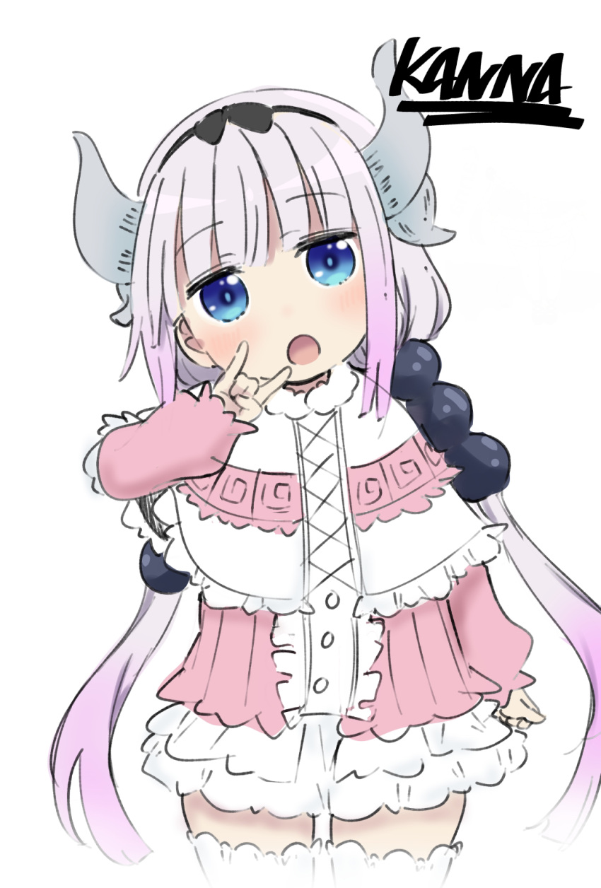 1girl :o bangs black_hairband blue_eyes blush character_name child commentary_request dragon_girl female_child haaam hairband highres horns kanna_kamui kobayashi-san_chi_no_maidragon light_purple_hair long_hair looking_at_viewer open_mouth pink_hair simple_background solo thigh-highs twintails upper_body white_background white_thighhighs