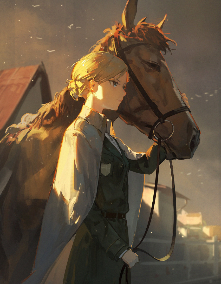 1girl blonde_hair blue_eyes blurry blurry_background character_request closed_mouth clouds cloudy_sky collared_cape copyright_request day dino_(dinoartforame) english_commentary gate grey_sky hair_bun highres holding horse house light_rays looking_to_the_side military military_uniform serious short_hair single_hair_bun sky standing sunlight uniform