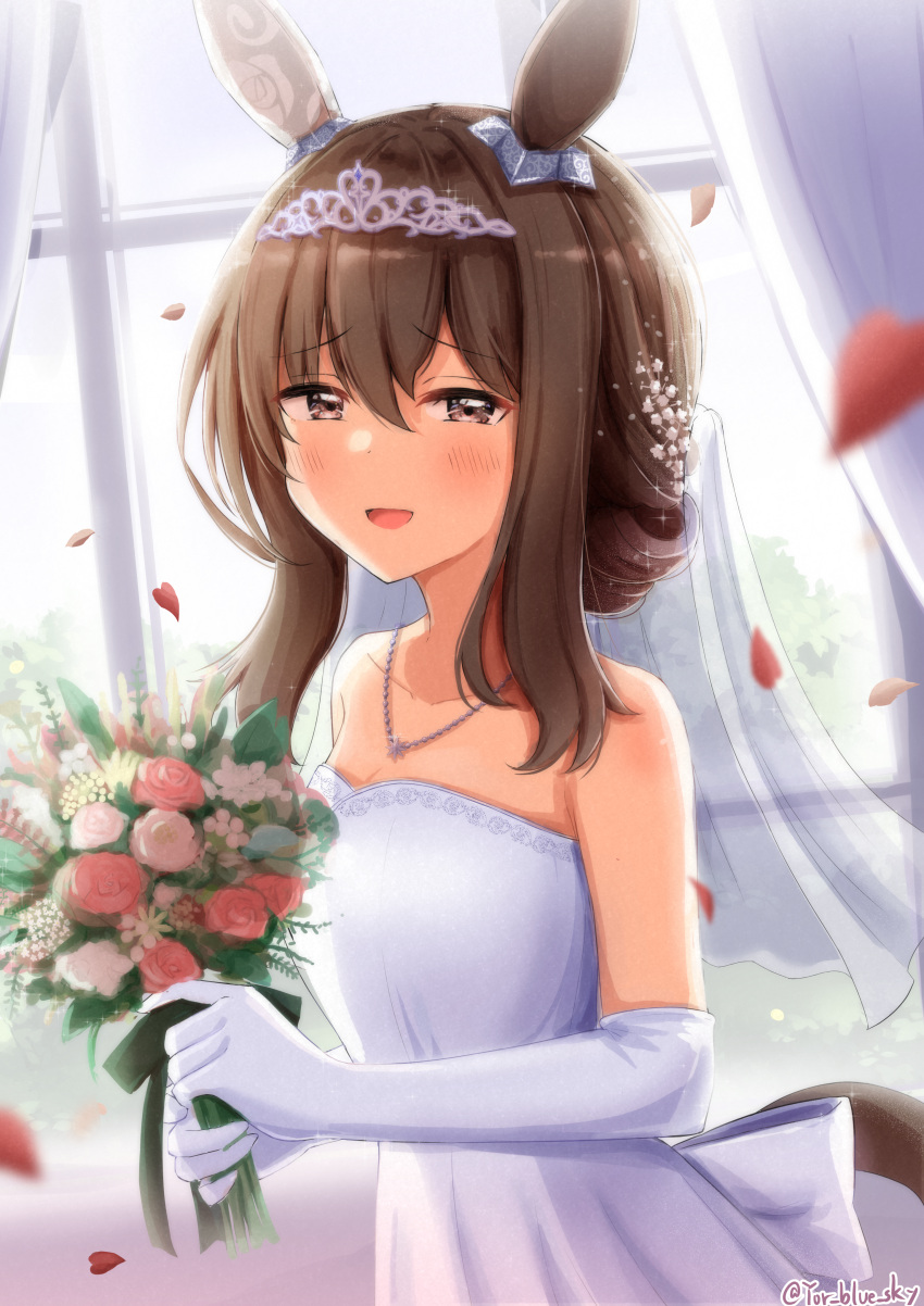 absurdres admire_vega_(umamusume) alternate_costume animal_ears blue_sky_aosan commentary_request curtains dress flower highres holding holding_flower horse_ears horse_girl looking_at_viewer open_mouth petals ponytail umamusume wedding_dress window