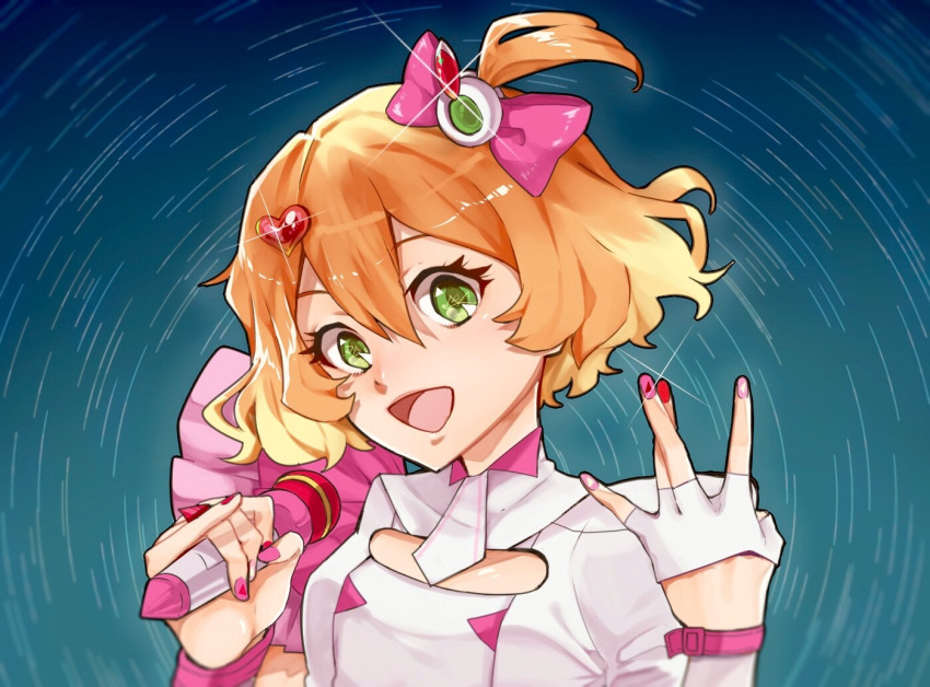 1girl :d bangs blonde_hair bow brown_hair cleavage_cutout clothing_cutout fingerless_gloves freyja_wion gloves green_eyes hair_between_eyes hair_bow hair_ornament half_gloves heart heart_hair_ornament holding holding_microphone looking_at_viewer macross macross_delta medium_hair microphone multicolored_hair multicolored_nails nail_polish necktie one_side_up open_mouth pink_bow pink_nails red_nails shiny shiny_hair short_necktie smile solo sparkle two-tone_hair upper_body white_gloves white_necktie yoshimi_(ysm_8883377)