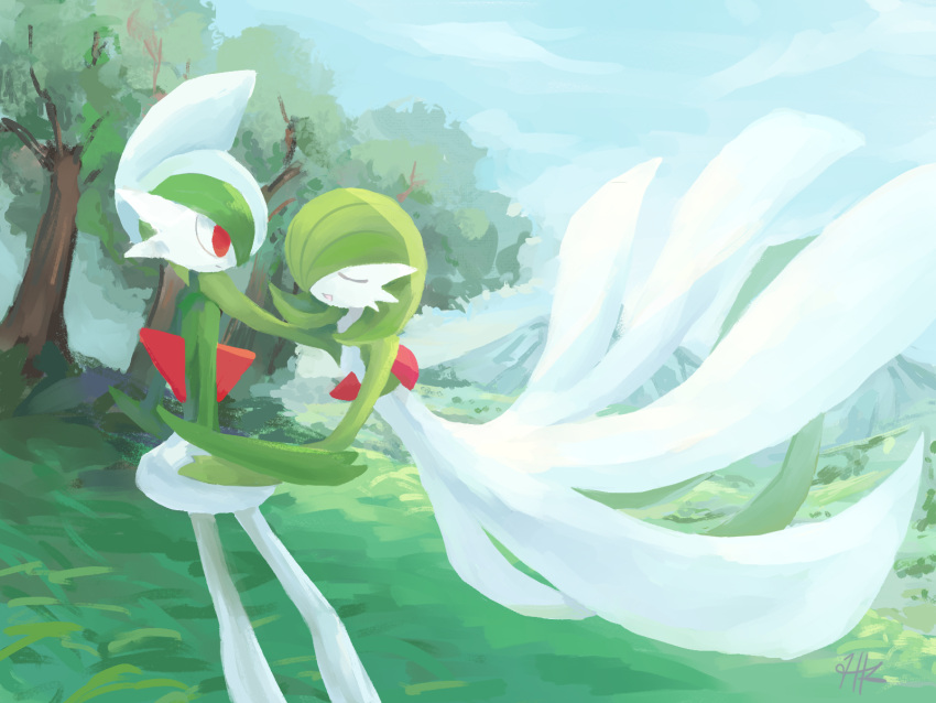1boy 1girl artist_name bangs blue_hair blue_sky bob_cut closed_eyes clouds colored_skin commentary_request day flat_chest from_side full_body gallade gardevoir grass green_hair green_skin hair_over_one_eye hand_on_another's_cheek hand_on_another's_face hand_on_another's_waist happy highres hinata_kanata mohawk mountain multicolored_hair multicolored_skin one_eye_covered open_mouth outdoors pokemon pokemon_(creature) profile short_hair signature sky smile standing tree two-tone_hair two-tone_skin u_u white_skin