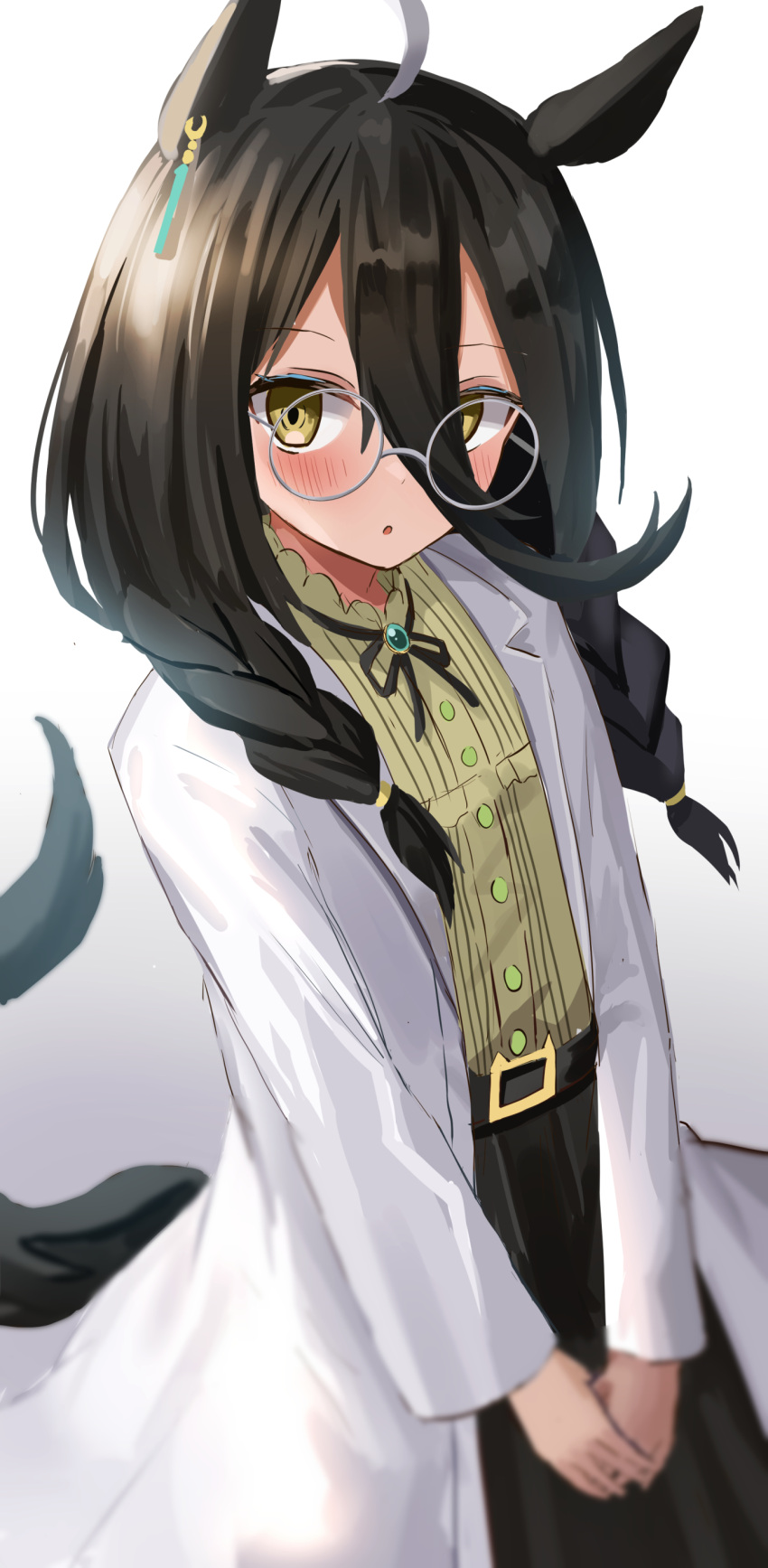 absurdres ahoge alternate_costume alternate_hairstyle animal_ears bespectacled black_hair braid casual commentary_request glasses highres horse_ears horse_girl horse_tail labcoat looking_at_viewer manhattan_cafe_(umamusume) simple_background tail umamusume white_background yellow_eyes yukimachi_urei