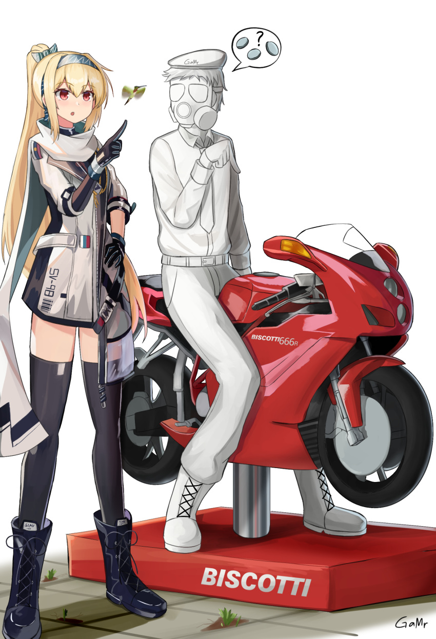 1girl artist_name blonde_hair bow gamryous girls_frontline gloves green_hairband ground_vehicle hair_bow hairband highres jacket long_hair mod3_(girls'_frontline) motor_vehicle motorcycle original pants ponytail red_eyes russian_flag scarf shirt sv-98_(girls'_frontline) thigh-highs very_long_hair white_gloves white_hair white_pants white_shirt