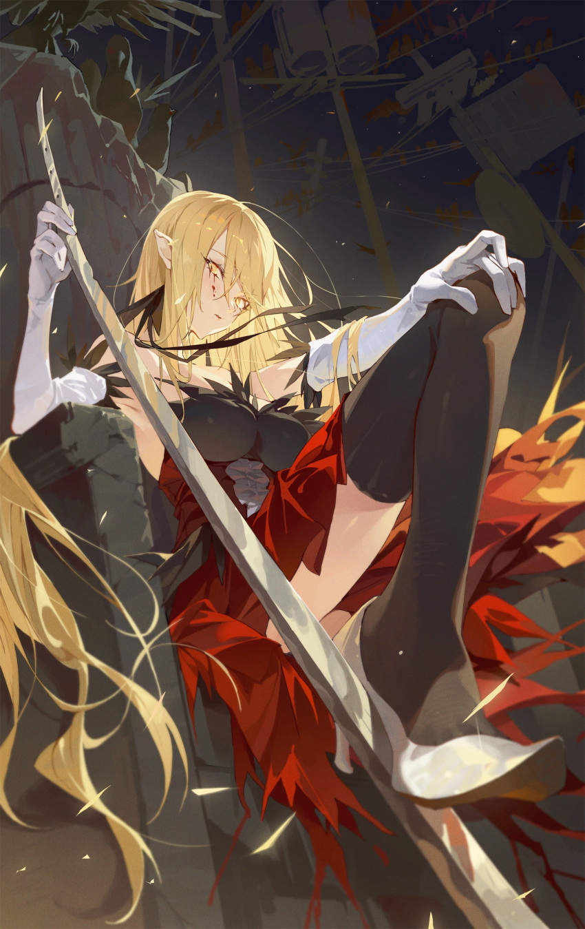 1girl absurdres animal_ears bangs bare_shoulders black_thighhighs blonde_hair blurry blurry_foreground breasts chair dress elbow_gloves from_below gloves hair_between_eyes hand_on_own_knee high_heels highres holding holding_sword holding_weapon hxxg kiss-shot_acerola-orion_heart-under-blade knee_up large_breasts looking_at_viewer monogatari_(series) off-shoulder_dress off_shoulder on_chair red_dress short_hair silver_footwear sitting solo swept_bangs sword thigh-highs very_short_hair weapon white_gloves yellow_eyes