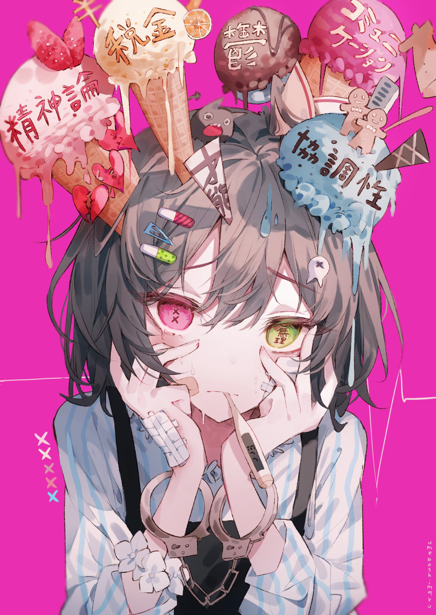 1girl :| absurdres bandaged_hand bandages bangs black_camisole brown_hair camisole chocolate closed_mouth cuffs flower food food-themed_hair_ornament fruit gingerbread_man green_eyes hair_ornament hairclip handcuffs hands_on_own_face heterochromia highres ice_cream ice_cream_cone long_sleeves looking_at_viewer melting mouth_hold orange_(fruit) orange_slice original pill_hair_ornament pink_background pink_eyes shirt short_hair signature solo strawberry striped striped_shirt symbol-shaped_pupils thermometer umemaro_(siona0908) white_flower x-shaped_pupils