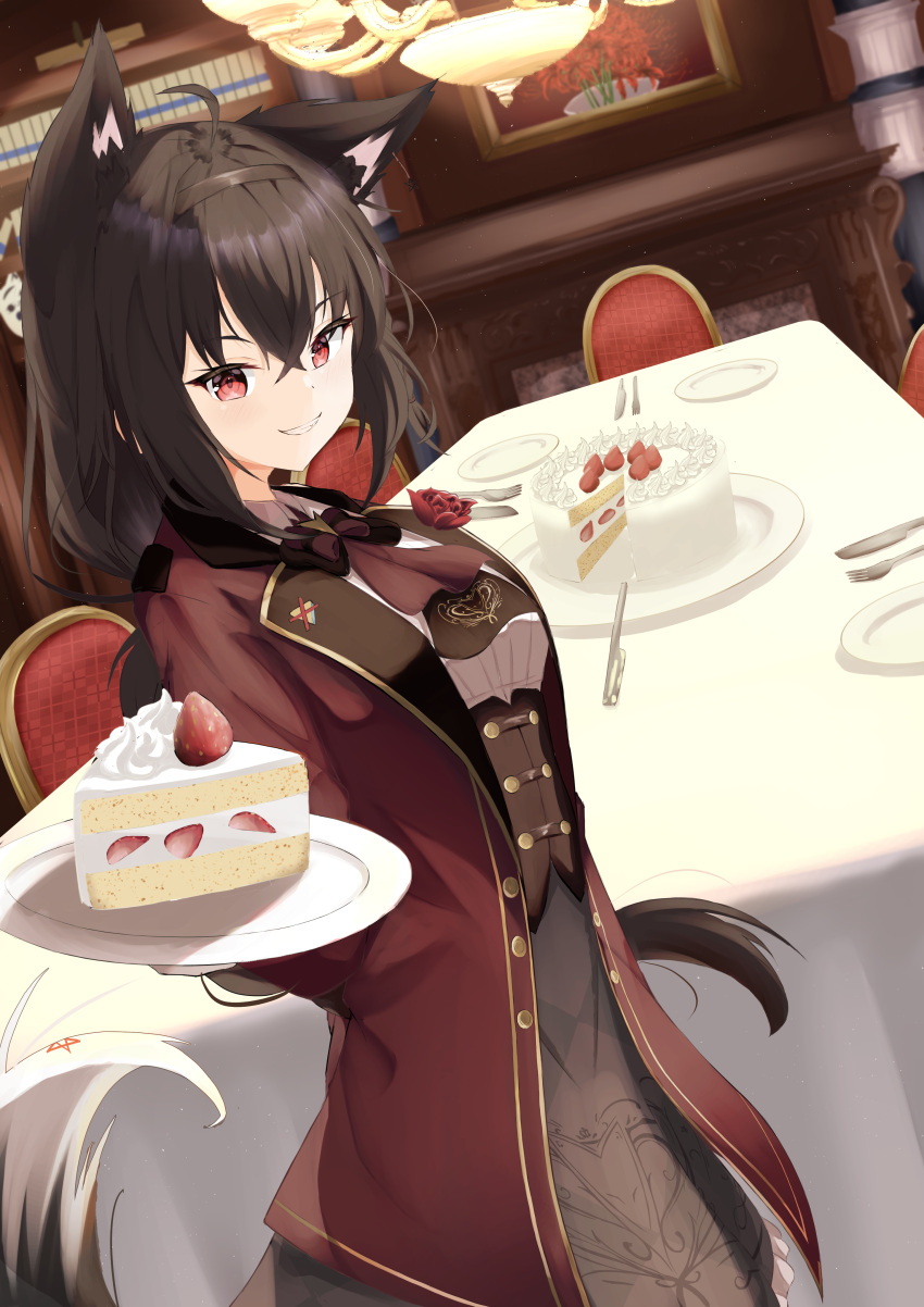 1girl absurdres ahoge alternate_costume animal_ears ascot black_hair cake chair coat dining_room food formal fox_ears fox_girl fox_tail grin hairband highres hiragi_moka hololive kurokami_fubuki looking_at_viewer miteiru_(shirakami_fubuki) plate red_eyes smile solo strawberry_shortcake table tail virtual_youtuber