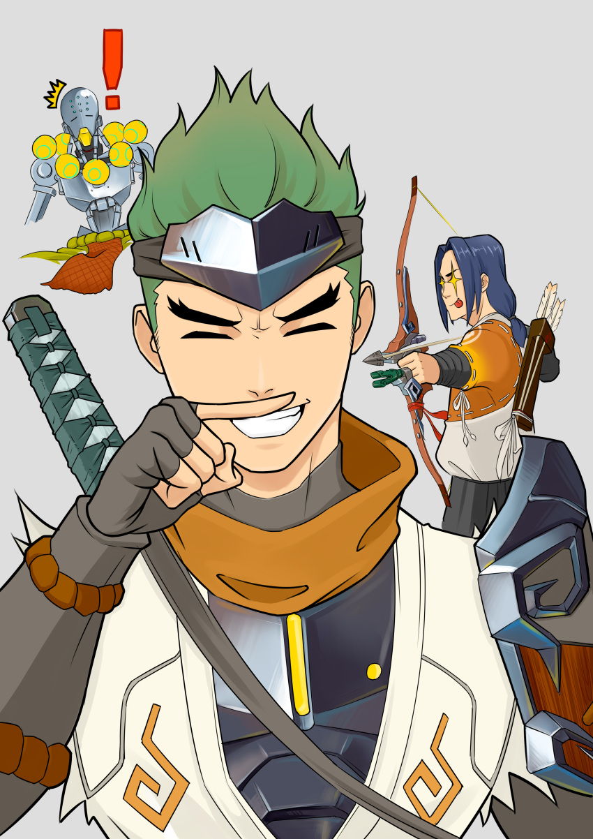 ! 3boys absurdres armor arrow_(projectile) blue_hair bow_(weapon) brothers closed_eyes closed_mouth fingerless_gloves genji_(overwatch) gloves green_hair grey_background grey_gloves grey_headband hair_slicked_back hanzo_(overwatch) headband highres holding holding_bow_(weapon) holding_weapon katana long_hair multiple_boys overwatch pauldrons pointing_weapon quiver robot shoulder_armor siblings simple_background single_pauldron smile sparkling_eyes sword teeth tongue tongue_out torn torn_clothes weapon weapon_on_back winterisland zenyatta_(overwatch)
