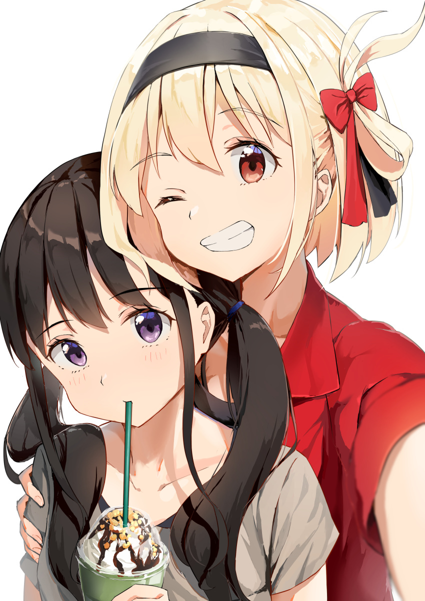 2girls absurdres bangs black_hair blonde_hair bob_cut collarbone collared_shirt cup disposable_cup drink drinking drinking_straw_in_mouth grey_shirt hair_ribbon highres holding holding_cup holding_drink inoue_takina long_hair looking_at_viewer lycoris_recoil matcha_(user_yyss8744) multiple_girls nishikigi_chisato one_eye_closed red_eyes red_ribbon red_shirt ribbon selfie shirt short_hair simple_background smile teeth violet_eyes white_background
