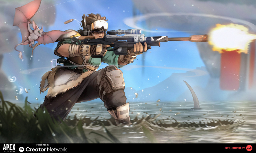 1girl a-13_sentry aiming apex_legends bat_(animal) black_pants blue_eyes brown_eyes brown_gloves brown_hair echo_(apex_legends) electronic_arts english_commentary fangs fingerless_gloves firing flying fur_trim gloves gun highres ifragmentix knee_pads logo one_knee pants rifle scope shell_casing short_hair smile sniper_rifle solo_focus vantage_(apex_legends) water weapon