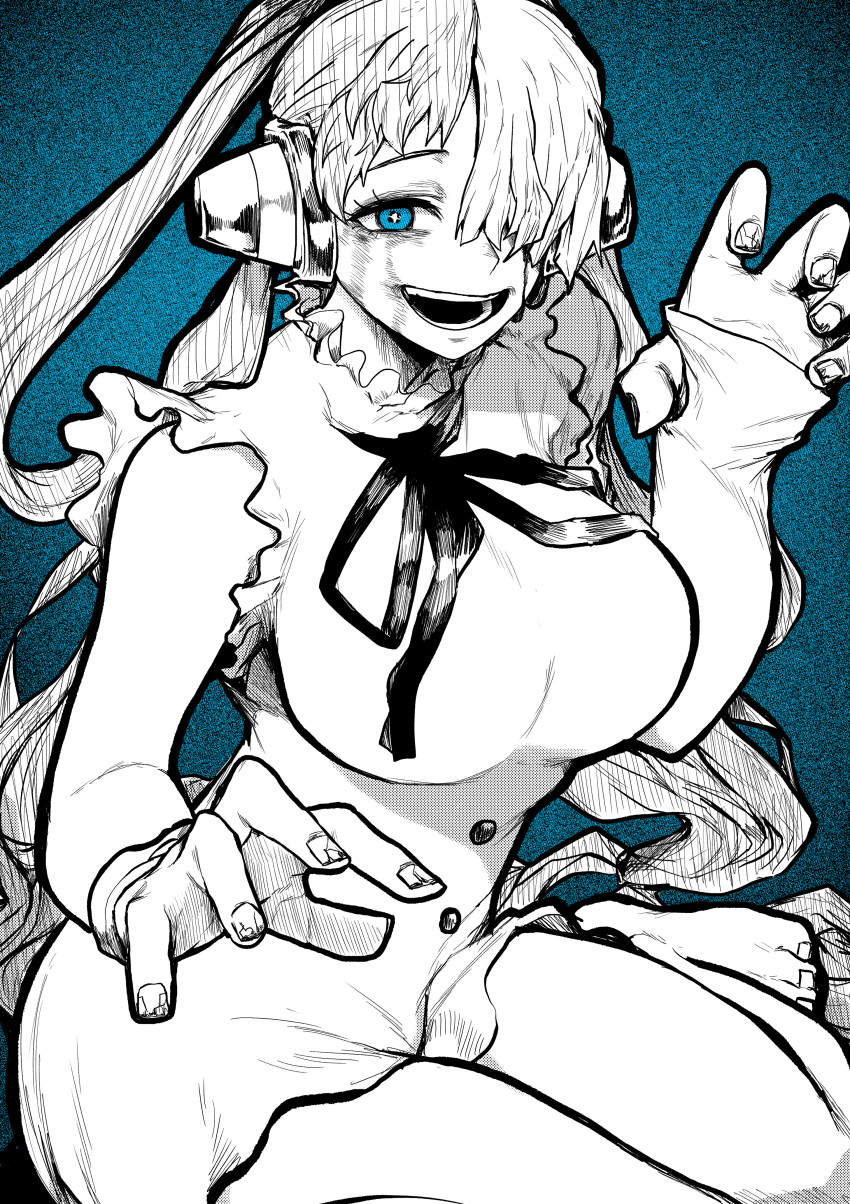 absurdres blood blue_eyes breasts dress frilled_dress frills hair_over_one_eye headphones highres large_breasts long_hair microdress monochrome multicolored_hair one_piece one_piece:_film_red open_mouth ribbon single_sleeve sitting smile split-color_hair thighs uta_(one_piece) wariza white_dress yotsumi_shiro