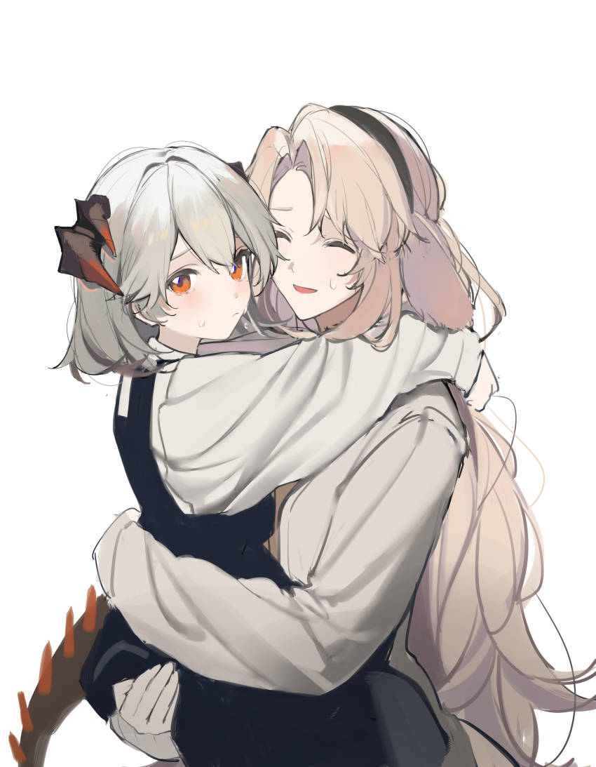 2girls ^_^ absurdres aged_down arknights black_dress black_hairband blonde_hair blush carrying child child_carry closed_eyes dragon_girl dragon_horns dragon_tail dress hairband highres horns hug joshua_(shisanli934) kirsten_(arknights) long_hair long_sleeves looking_at_viewer multiple_girls orange_eyes parted_lips pinafore_dress saria_(arknights) shirt short_hair simple_background tail upper_body white_background white_shirt