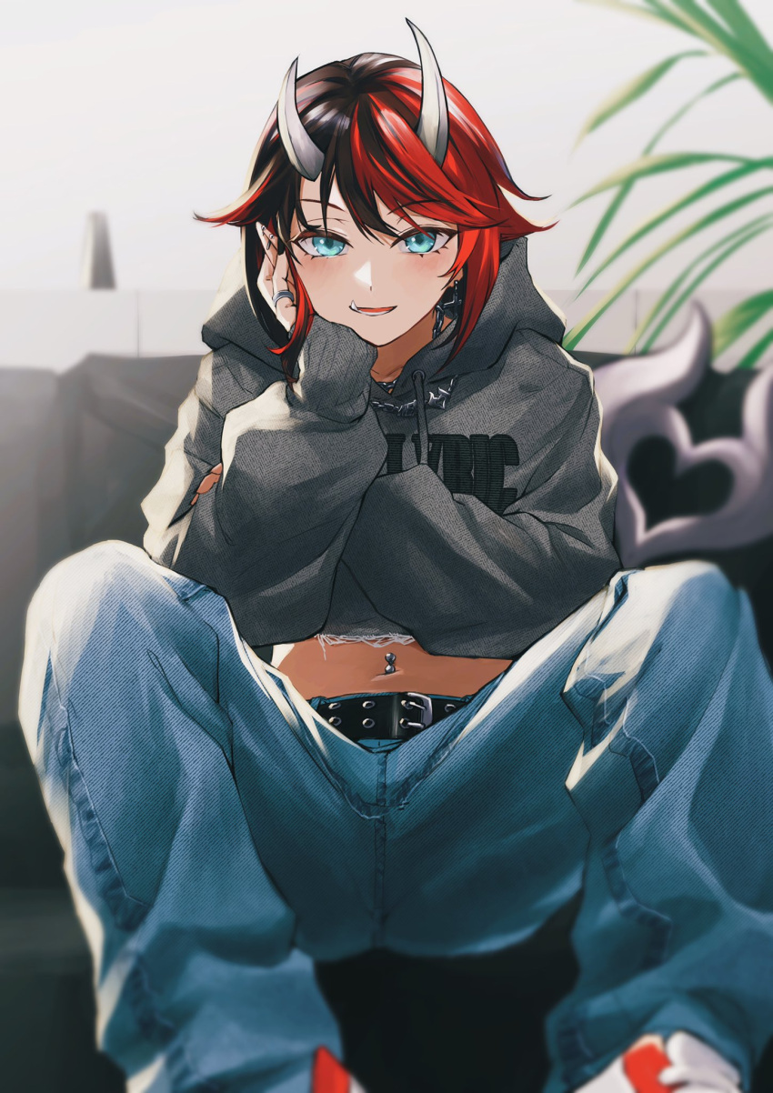1girl alternate_costume bangs belt black_belt black_hair blue_eyes blue_pants blush commentary_request couch cropped_hoodie demon_girl demon_horns demon_tail denim ear_piercing earrings feet_out_of_frame gin_(tttetu123) grey_hoodie hand_on_own_cheek hand_on_own_face highres hood hood_down hoodie horns jeans jewelry long_sleeves looking_at_viewer midriff multicolored_hair navel navel_piercing open_mouth pants piercing plant pointy_ears potted_plant red_footwear redhead ring ryugasaki_rene shoes short_hair sitting smile sneakers solo sugar_lyric tail two-tone_hair virtual_youtuber