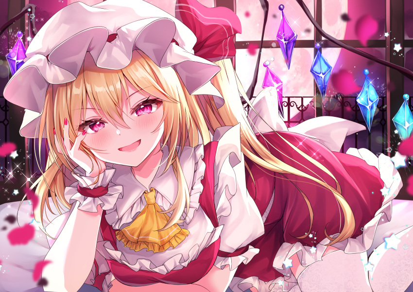 1girl :d absurdres ascot backlighting bangs blonde_hair blush breasts commentary_request crystal flandre_scarlet foot_out_of_frame frilled_shirt_collar frills hair_between_eyes hand_on_own_cheek hand_on_own_face hat head_rest highres indoors large_breasts mob_cap nail_polish nenobi_(nenorium) one_side_up open_mouth petals petticoat pink_eyes red_nails red_skirt red_vest ribbon short_sleeves skirt skirt_set smile solo sparkle star_(symbol) thigh-highs touhou vest white_headwear white_thighhighs window wings yellow_ascot