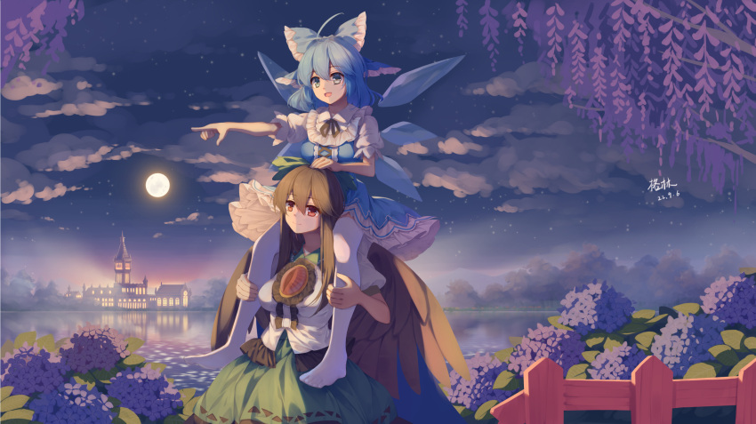 2girls black_hair blue_bow blue_dress blue_eyes blue_hair blush bow cirno collared_shirt dated detached_wings dress fairy flower full_body green_bow green_skirt hair_between_eyes hair_bow highres ice ice_wings long_hair mechrailgun multiple_girls open_mouth puffy_short_sleeves puffy_sleeves purple_flower red_eyes reiuji_utsuho shirt short_hair short_sleeves signature skirt smile thigh-highs third_eye touhou white_shirt white_thighhighs wings