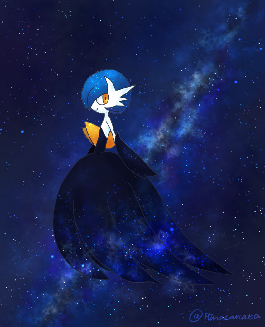 1girl alternate_color artist_name bangs bare_shoulders black_dress black_gloves blue_background blue_hair blue_theme bob_cut closed_mouth colored_skin commentary_request dress elbow_gloves flat_chest from_side full_body galaxy gardevoir gloves happy highres hinata_kanata looking_back mega_gardevoir mega_pokemon orange_eyes pokemon pokemon_(creature) shiny_pokemon short_hair signature smile solo space standing star_(sky) strapless strapless_dress twitter_username white_skin