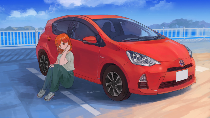 1girl car commentary_request green_pants green_shirt ground_vehicle highres license_plate medium_hair momo_hiki motor_vehicle orange_hair original outdoors pants personification railing shirt shoes short_sleeves sitting sneakers solo toyota toyota_yaris vehicle_focus white_footwear