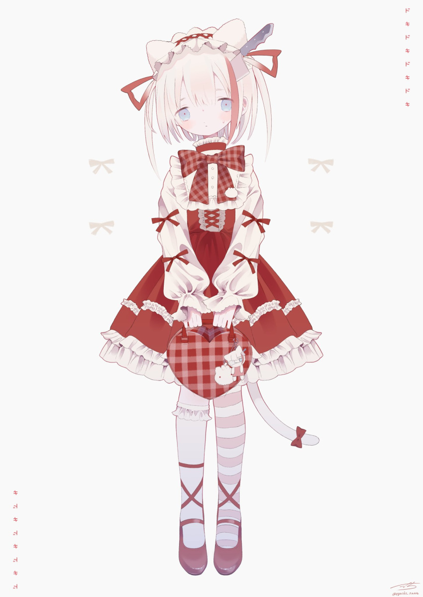 1girl animal_ears asymmetrical_legwear bag bangs blue_eyes bow bowtie buttons cat_ears cat_girl cat_tail charm_(object) closed_mouth cross-laced_dress dress frilled_dress frilled_shirt_collar frilled_socks frills full_body gingham gingham_bow hair_ribbon hairband handbag highres holding holding_bag kneehighs knife_in_head lolita_fashion lolita_hairband long_sleeves looking_at_viewer mismatched_legwear multicolored_hair original outo_eguchi pink_thighhighs red_bow red_bowtie red_dress red_footwear red_ribbon ribbon shoes short_hair signature simple_background single_kneehigh single_sock single_thighhigh socks solo standing streaked_hair striped striped_thighhighs sweat tail tail_bow tail_ornament thigh-highs twitter_username white_background white_hair white_sleeves white_socks