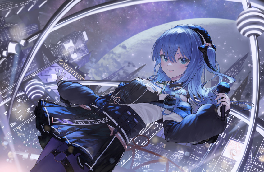 1girl atatatatame01 bangs black_headwear black_ribbon blue_eyes blue_hair blue_jacket blue_pantyhose blue_skirt cityscape closed_mouth dutch_angle hair_between_eyes hair_ribbon hat highres holding holding_microphone hololive hoshimachi_suisei jacket long_hair long_sleeves microphone night one_side_up open_clothes open_jacket pantyhose puffy_long_sleeves puffy_sleeves ribbon skirt smile solo star_(symbol) star_in_eye symbol_in_eye thigh_strap virtual_youtuber