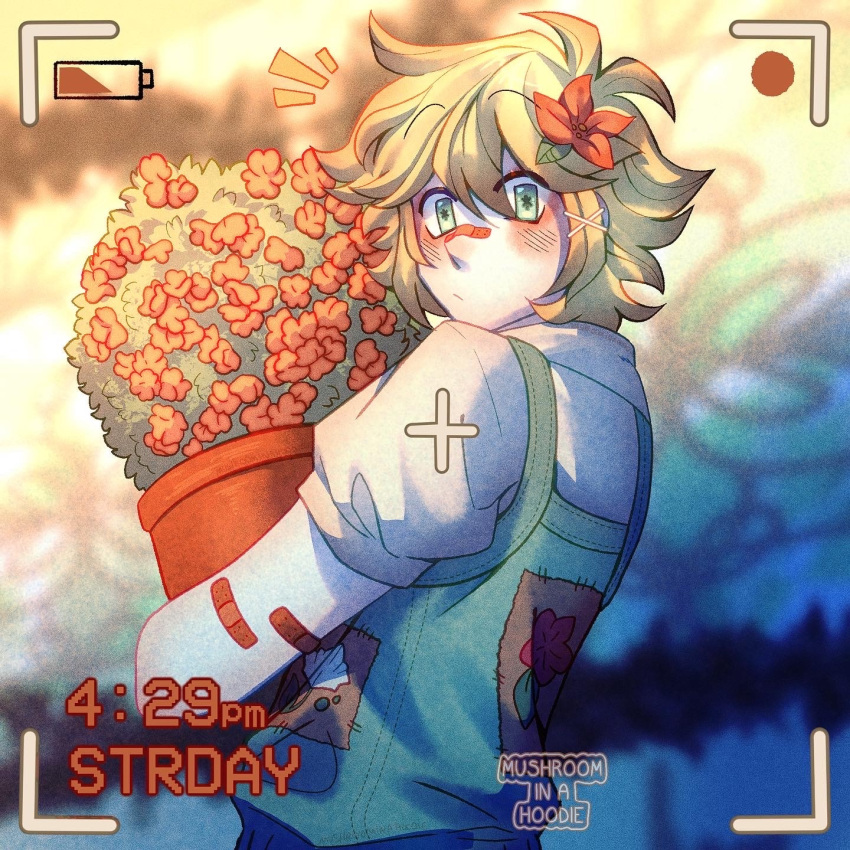 1boy alternate_costume alternate_eye_color artist_name bandaid bandaid_on_arm bandaid_on_face bandaid_on_nose basil_(omori) blonde_hair blurry blurry_background blush closed_mouth day film_grain flower green_eyes hair_flower hair_ornament highres holding_flower_pot looking_at_viewer mushroom_in_a_hoodie omori outdoors overalls short_hair solo x_hair_ornament