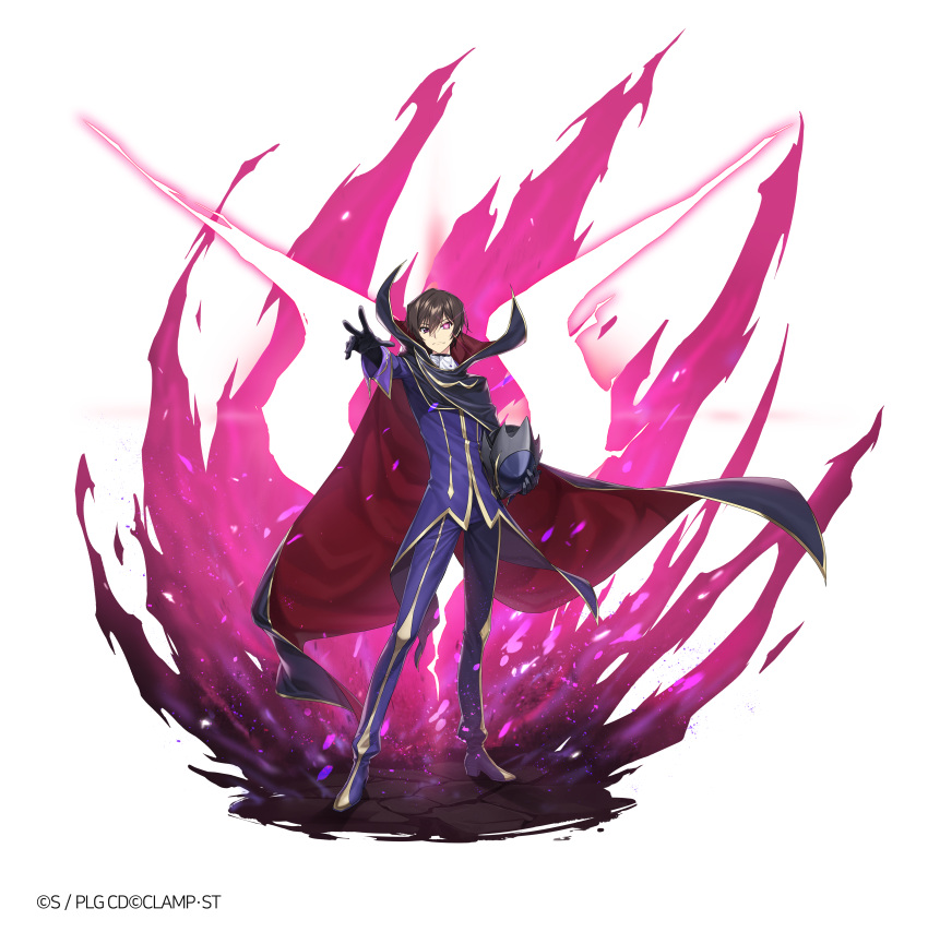 1boy absurdres alpha_transparency black_gloves brown_hair cape closed_mouth code_geass collaboration copyright counter:side geass gloves glowing glowing_eye helmet highres holding holding_helmet lelouch_lamperouge official_art solo standing tachi-e transparent_background