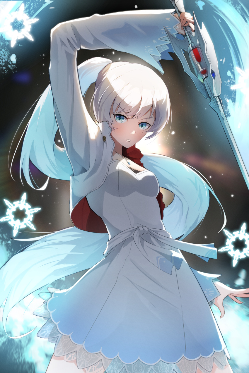 1girl absurdres arm_up blue_eyes breasts cropped_jacket dress floating_hair highres holding holding_sword holding_weapon long_hair looking_at_viewer myrtenaster no_842 parted_lips ponytail rapier rwby sash scar scar_across_eye small_breasts snowflakes solo sword teeth v-shaped_eyebrows very_long_hair weapon weiss_schnee white_dress white_hair