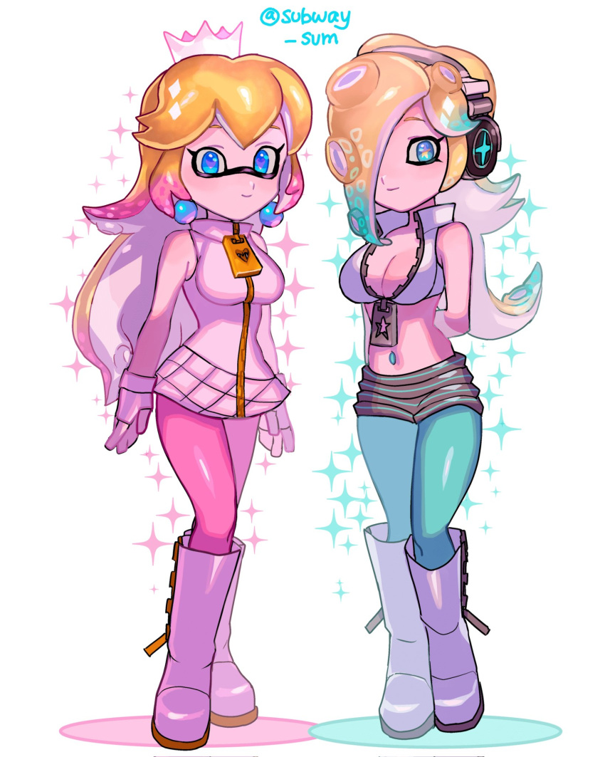 2girls blue_eyes bowsey0wo cosplay eyeshadow gloves highres inkling inkling_(cosplay) looking_at_viewer makeup marina_(splatoon) marina_(splatoon)_(cosplay) midriff multiple_girls pearl_(splatoon) pearl_(splatoon)_(cosplay) princess_peach rosalina splatoon_(series) super_mario_bros.