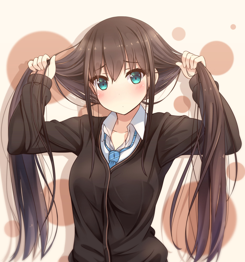 1girl absurdres bangs black_cardigan blush brown_hair bunching_hair cardigan green_eyes highres hiiragi_hazime idolmaster idolmaster_cinderella_girls long_hair long_sleeves looking_at_viewer necktie revision school_uniform shibuya_rin solo twintails upper_body