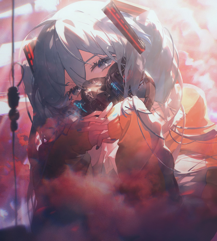 1girl absurdres bangs blue_eyes blue_hair blurry blurry_foreground commentary_request hair_ornament hatsune_miku head_tilt highres jacket konya_karasue long_hair long_sleeves looking_at_viewer orange_jacket own_hands_together respirator sleeves_past_wrists solo twintails upper_body vocaloid