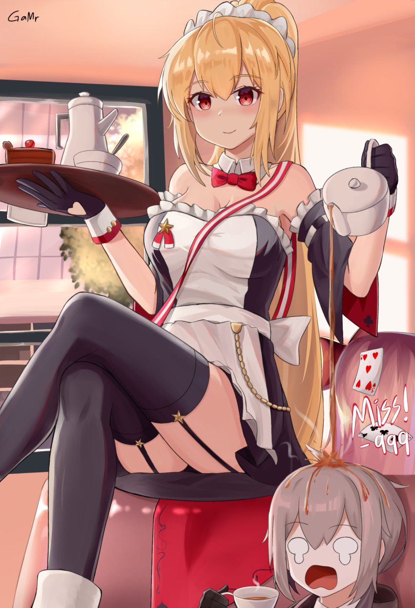 artist_name bangs blonde_hair blush bow closed_mouth gamryous girls_frontline gloves grey_hair highres holding long_hair looking_at_viewer m200_(girls'_frontline) ponytail red_eyes smile sv-98_(girls'_frontline) sv-98_(waitress)_(girls'_frontline) tea thigh-highs waitress