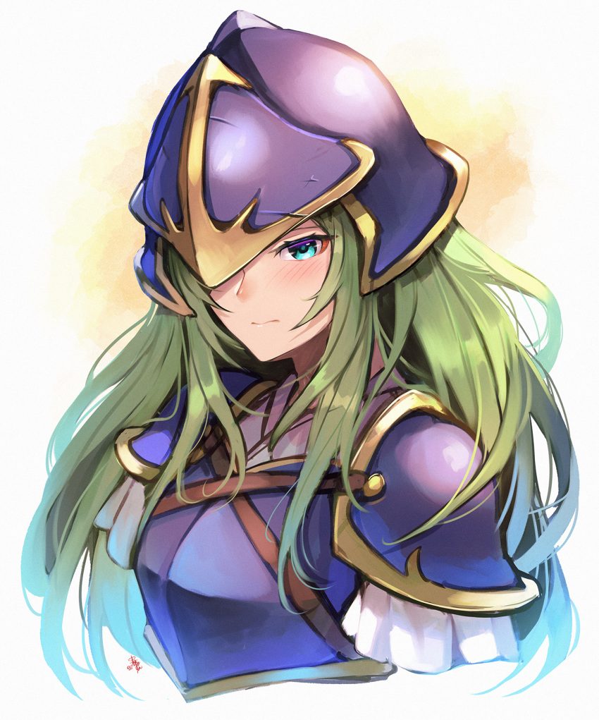 1girl armor blue_eyes blush breastplate cropped_torso fire_emblem fire_emblem:_path_of_radiance green_hair helmet highres long_hair nakabayashi_zun nephenee_(fire_emblem) one_eye_covered pauldrons shoulder_armor signature