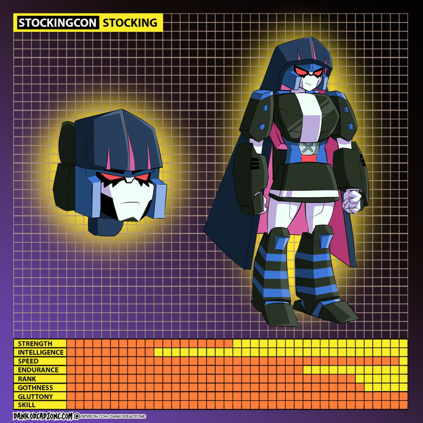 1980s_(style) autobot bad_link black_hair commission crossover dankodeadzone english_text grid grid_background headmaster_(transformers) highres megatron no_humans panty_&amp;_stocking_with_garterbelt patreon_logo patreon_username red_eyes retro_artstyle robot stats stocking_(psg) transformers transformers:_the_headmasters