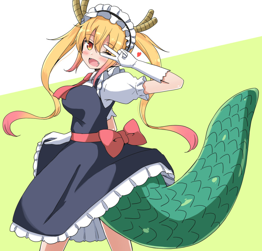 1girl ;d aikawa_ryou black_dress black_hairband blonde_hair blush bow breasts collared_shirt commentary_request dragon_girl dragon_horns dragon_tail dress elbow_gloves frilled_hairband frills from_side gloves gradient gradient_background green_background hairband hand_up heart highres horns kobayashi-san_chi_no_maidragon long_hair looking_at_viewer looking_to_the_side maid_headdress medium_breasts one_eye_closed open_mouth puffy_short_sleeves puffy_sleeves red_bow red_eyes redhead scales shirt short_sleeves sleeveless sleeveless_dress smile solo tail tohru_(maidragon) twintails two-tone_background v_over_eye very_long_hair white_background white_gloves white_shirt
