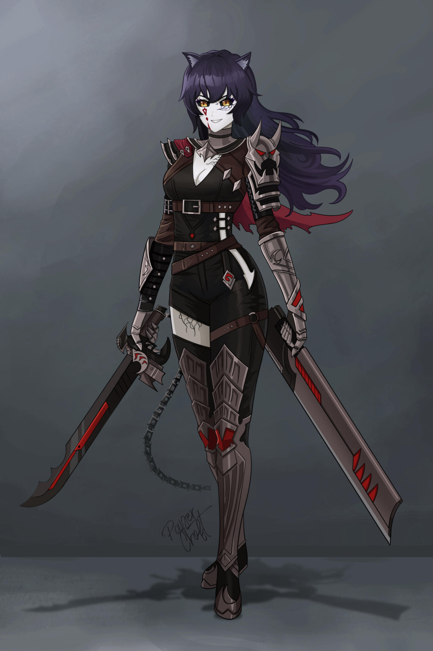 1girl absurdres animal_ears bangs black_hair black_sclera blake_belladonna breasts cat_ears cleaver colored_sclera corruption dark_persona dual_wielding evil evil_grin evil_smile gambol_shroud gauntlets gloves grin highres holding holding_sword holding_weapon kama_(weapon) katana long_hair looking_at_viewer metal_boots papercroft rwby sickle smile solo sword tattoo thigh-highs weapon yellow_eyes