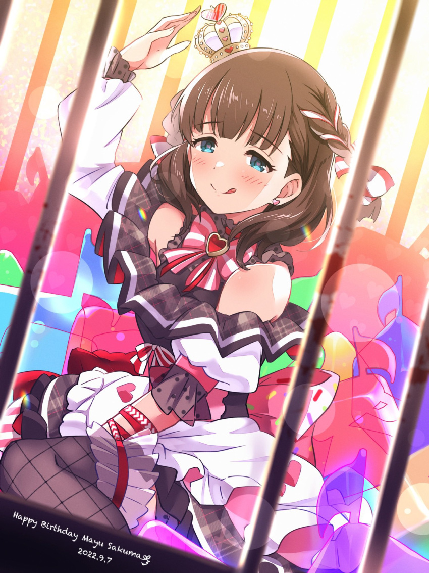 1girl :q bangs bars blue_eyes blurry blush bokeh brown_hair brown_pantyhose cage commentary crown depth_of_field dress fishnet_pantyhose fishnets hair_ribbon highres idolmaster idolmaster_cinderella_girls in_cage indoors kneeling mini_crown nanananananasea off-shoulder_dress off_shoulder pantyhose red_ribbon ribbon sakuma_mayu short_hair solo tongue tongue_out white_ribbon