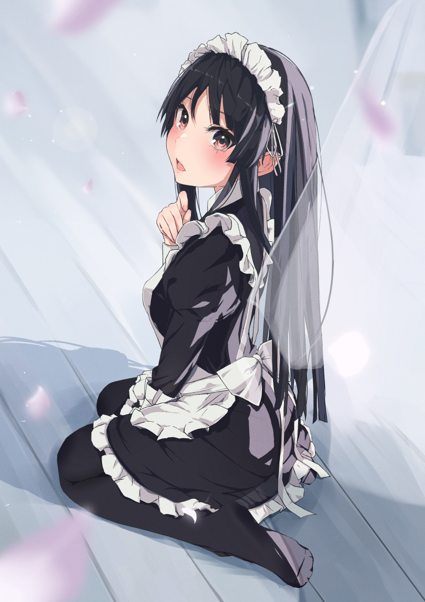 1girl absurdres akiyama_mio apron bangs black_dress black_eyes black_hair black_thighhighs blush commentary_request dress highres k-on! long_hair long_sleeves looking_at_viewer looking_to_the_side maid maid_apron maid_headdress necosuna7l open_mouth puffy_long_sleeves puffy_sleeves sidelocks solo thigh-highs white_apron