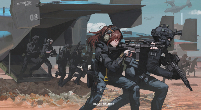 1girl 6+boys absurdres aircraft assault_rifle black_gloves black_jacket black_pants black_soldier blue_sky brown_eyes brown_hair clouds day ear_protection gloves gun helmet highres holding holding_gun holding_weapon jacket load_bearing_vest long_hair long_sleeves magazine_(weapon) military military_helmet military_operator multiple_boys night_vision_device original outdoors pants ponytail rifle scope sky trigger_discipline weapon