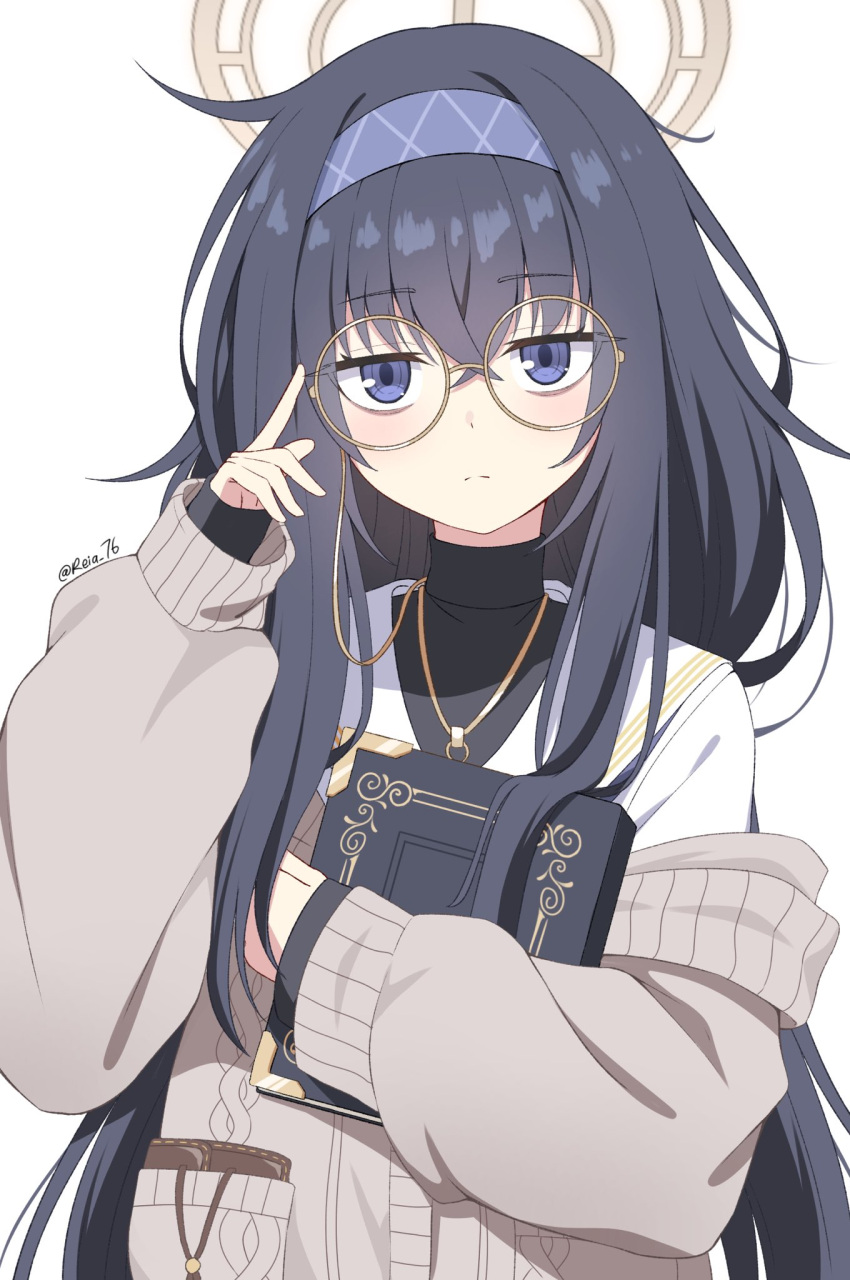 black_hair black_undershirt blue_archive blue_eyes blue_hairband blue_neckerchief cardigan glasses grey_cardigan hairband halo highres long_hair neckerchief reia_76 sailor_collar school_uniform serafuku ui_(blue_archive) very_long_hair white_sailor_collar white_serafuku