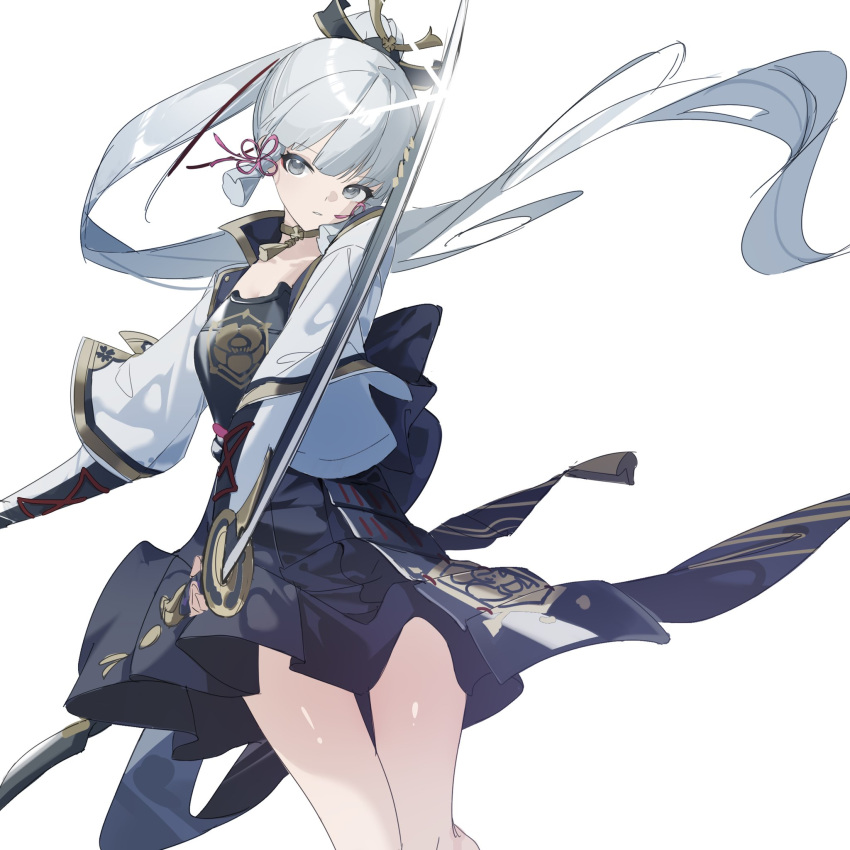 1girl arm_guards armor black_skirt chinese_knot dou feet_out_of_frame genshin_impact grey_eyes grey_hair hair_ornament highres holding holding_sword holding_weapon japanese_armor kamisato_ayaka katana kusazuri long_hair looking_at_viewer parted_lips ponytail qtian shirt simple_background skirt sleeves_past_elbows solo sword tassel_choker weapon white_background white_shirt wide_sleeves