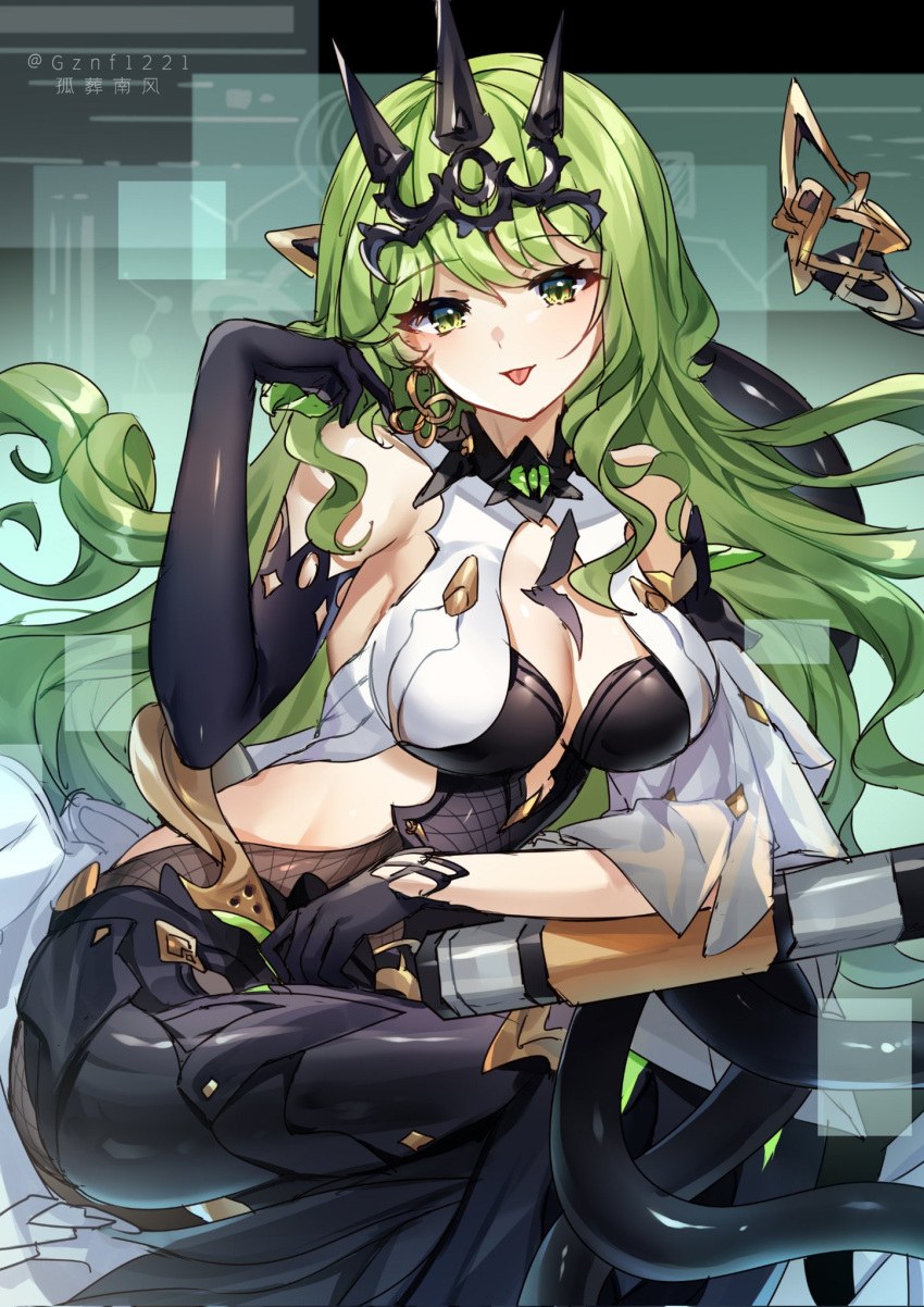 asymmetrical_gloves breasts gloves green_eyes green_hair guzangnanfeng highres honkai_(series) honkai_impact_3rd large_breasts long_hair looking_at_viewer mismatched_gloves mobius_(honkai_impact) single_sleeve tongue tongue_out twitter_username