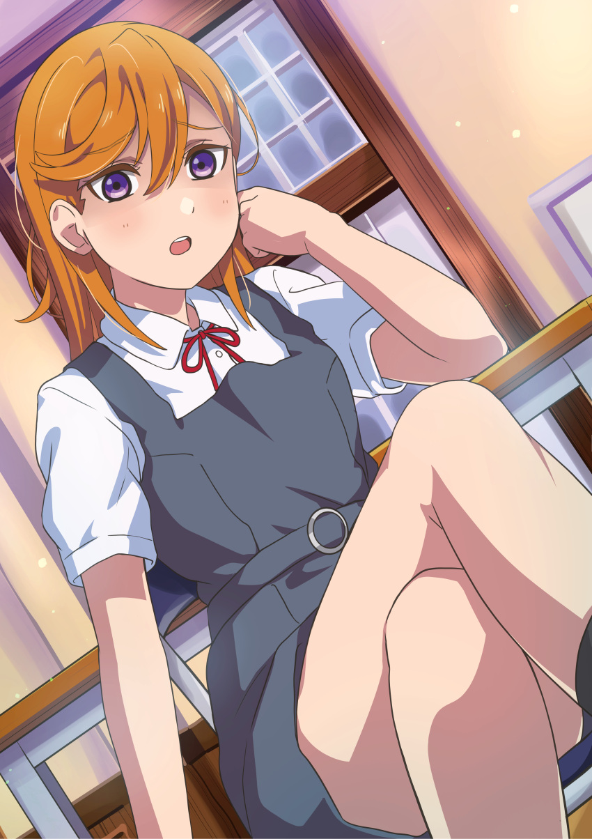 1girl absurdres al_aoi_aoba chair collared_shirt crossed_legs desk dress grey_dress highres love_live! love_live!_superstar!! medium_hair neck_ribbon open_mouth orange_hair pinafore_dress red_ribbon ribbon school_chair school_desk school_uniform shaded_face shibuya_kanon shirt short_sleeves sitting solo violet_eyes white_shirt yuigaoka_school_uniform