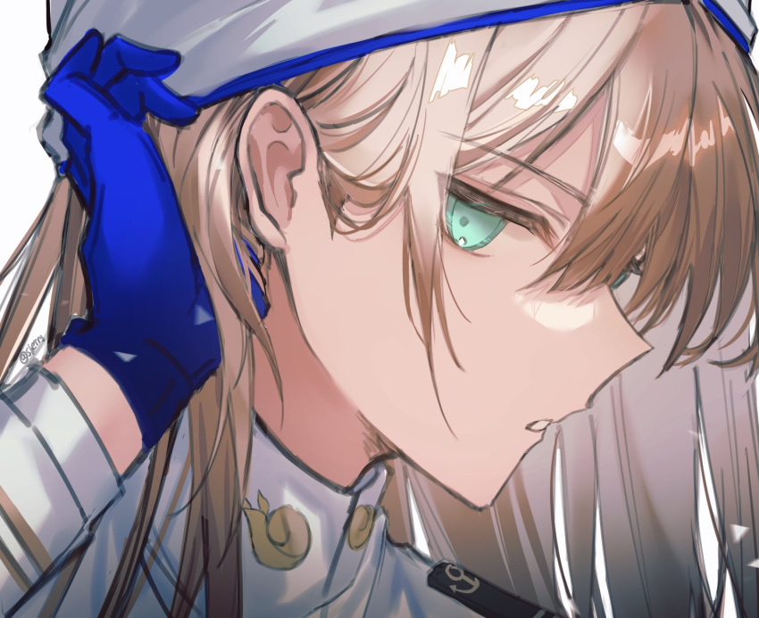 1boy aqua_eyes bangs blue_gloves captain_nemo_(fate) fate/grand_order fate/grand_order_arcade fate_(series) gloves hair_behind_ear highres light_brown_hair long_hair long_sleeves looking_at_viewer male_focus nemo_(fate) parted_lips portrait sherry_0014 simple_background solo turban twitter_username white_background white_headwear
