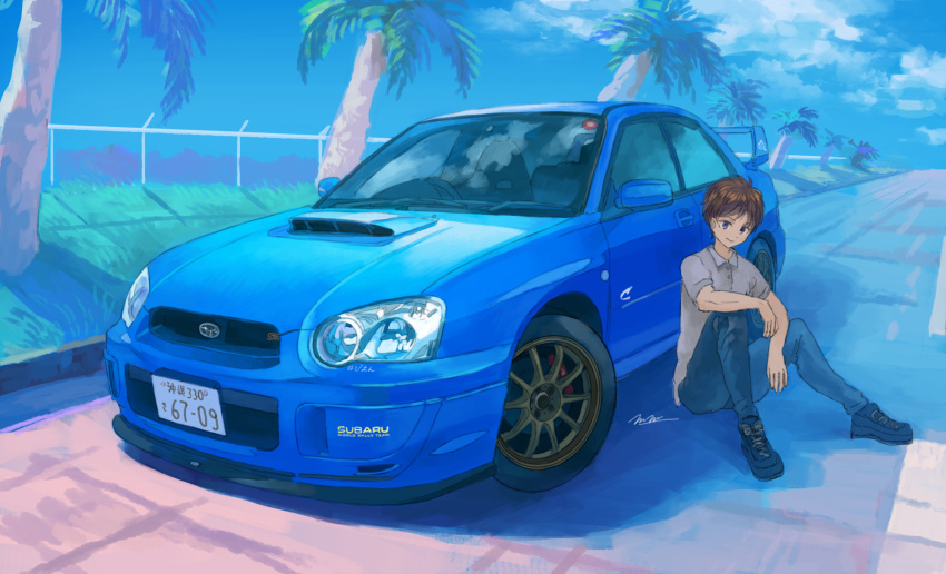 1boy black_footwear blue_pants brown_hair car closed_mouth collared_shirt commentary_request ground_vehicle highres license_plate male_focus momo_hiki motor_vehicle original outdoors palm_tree pants personification road shirt shoes short_hair sitting smile sneakers solo subaru_(brand) subaru_impreza tree vehicle_focus white_shirt