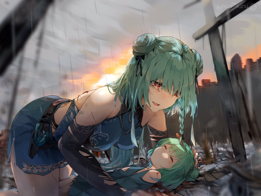 2girls aged_down backless_outfit blood braid closed_eyes cuts detached_sleeves double_bun dress funi_mu9 green_hair hair_bun hair_ribbon highres hololive injury long_hair lying mother_and_daughter multiple_girls on_back open_mouth planted planted_sword rain red_eyes ribbon side_braid sleeveless sleeveless_dress sword uruha_rushia virtual_youtuber weapon