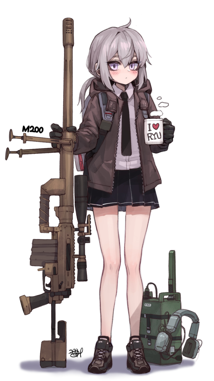 1girl backpack bag bangs black_gloves black_necktie black_skirt blush bolt_action brown_jacket character_name cheytac_m200 closed_mouth collar cup field_radio full_body girls_frontline gloves grey_hair gun headphones highres holding holding_cup hood hood_down hooded_jacket jacket kokukyukeo long_hair long_sleeves m200_(girls'_frontline) miniskirt necktie open_clothes open_jacket rifle shirt shoes sidelocks signature skirt sneakers sniper_rifle solo standing steam violet_eyes weapon white_shirt
